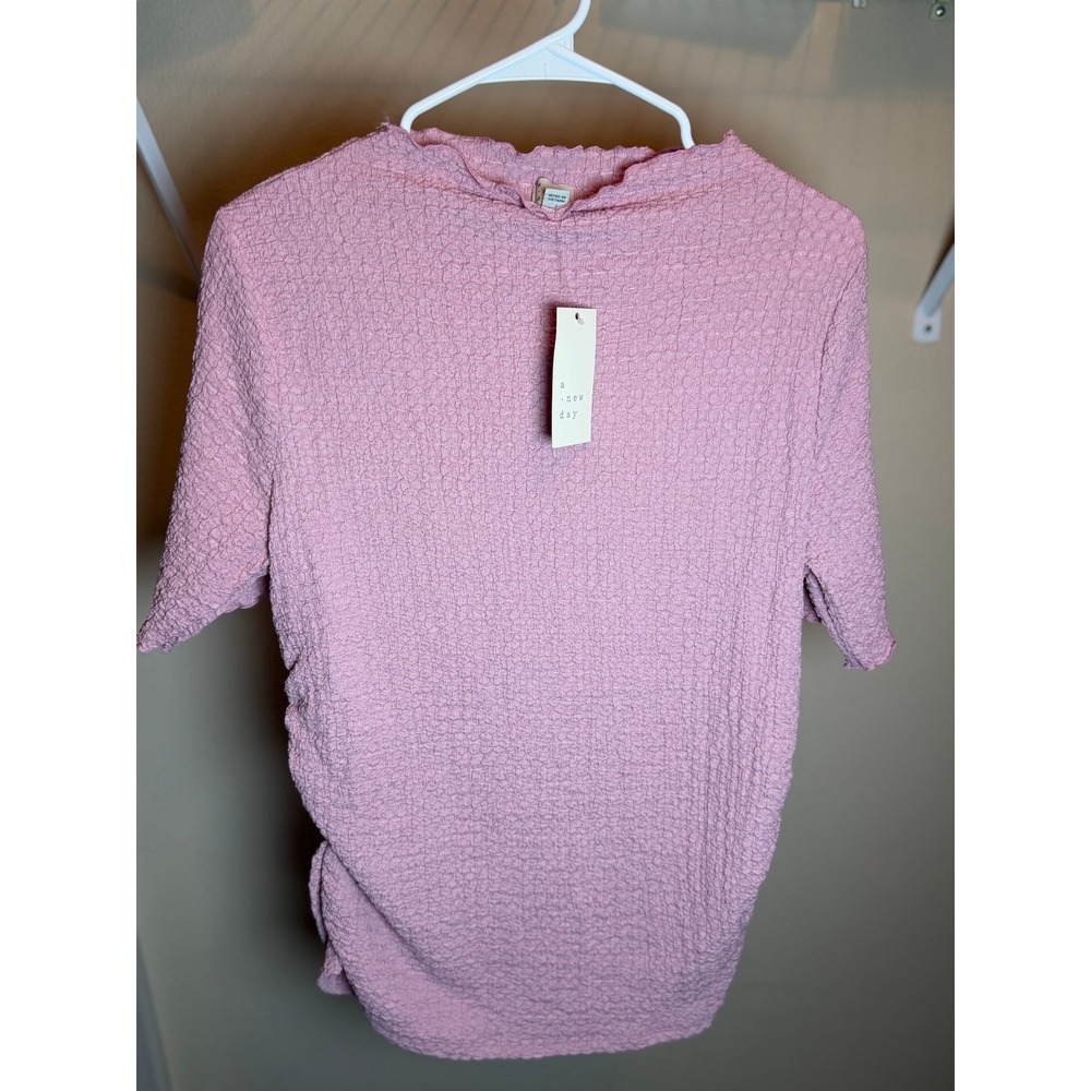 A New Day Womens Pink Textured Mock Neck Short Sleeve Ruched Blouse NWT